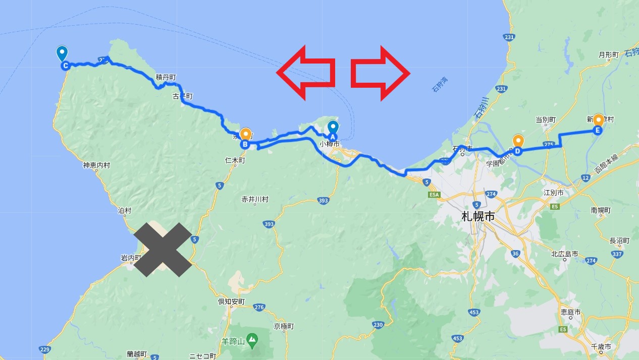 北海道の小樽から積丹半島の地図